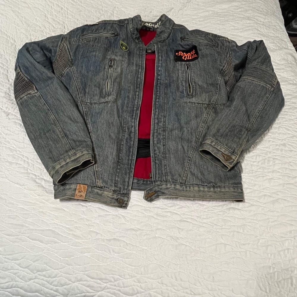Red Route Harley-Davidson Denim Biker Jacket Sz 50 Padded Shoulder & Elbow